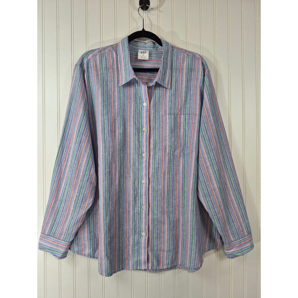 Gap The Easy Shirt Womens XXL Blue Pink Green Striped Button Down Long Sleeve